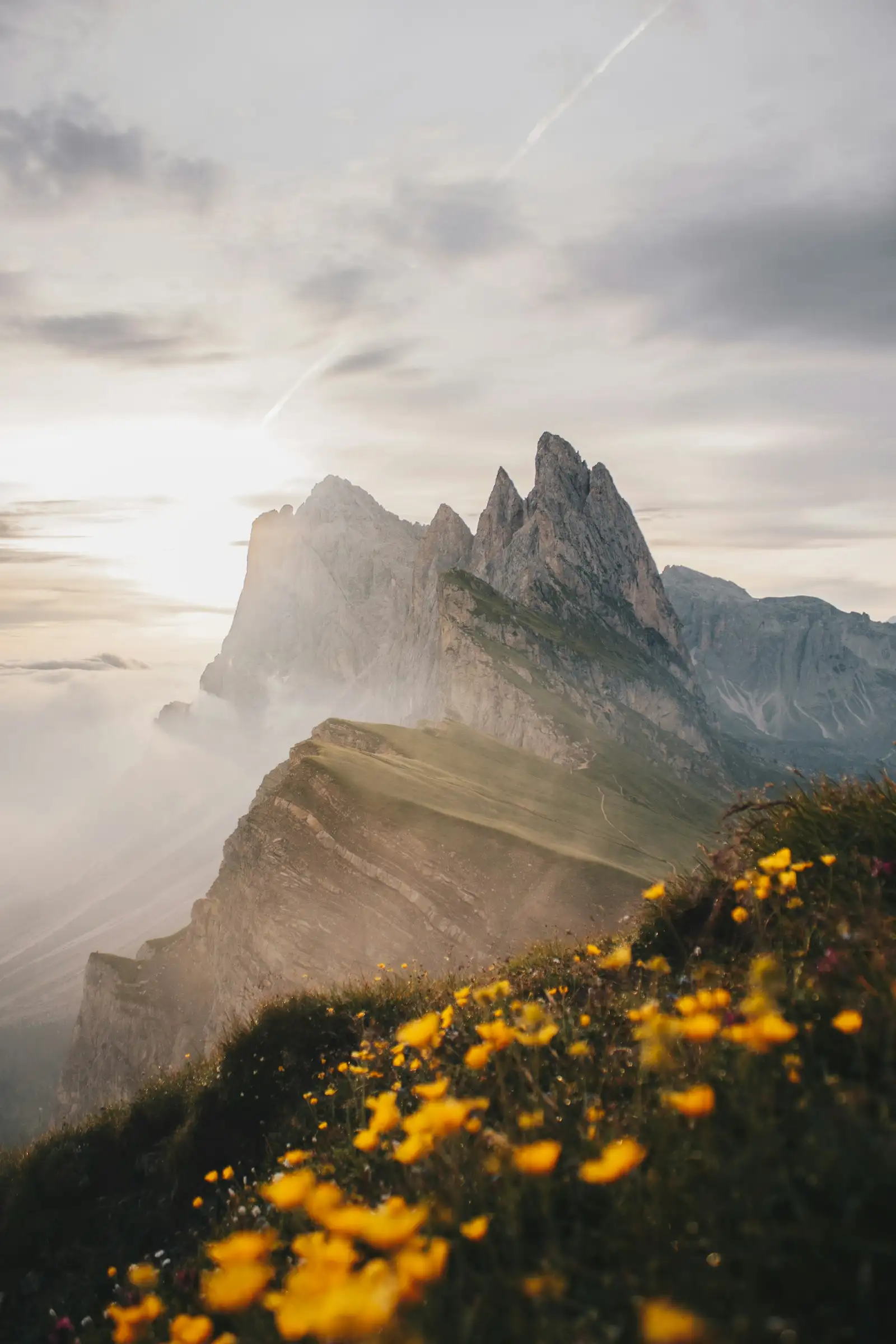 Corvara & Alta Badia Luxury Wedding Photographer: Pricing & Packages Dolomites ridge rising through mist above a slope of yellow wildflowers