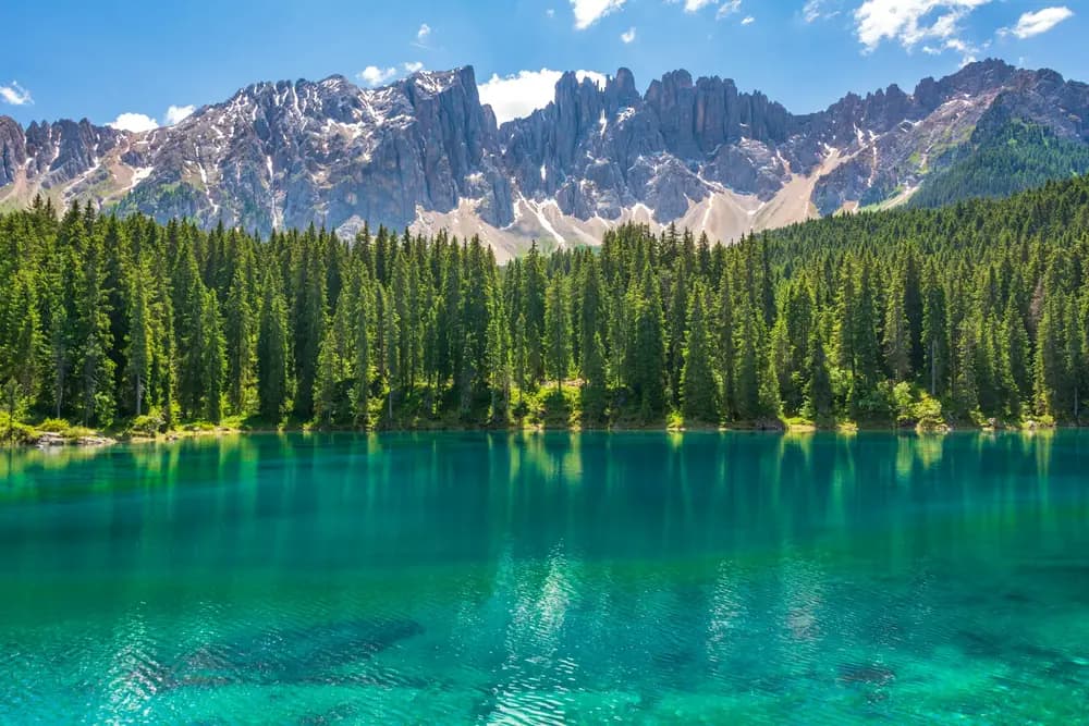 Passo Sella Wedding & Elopement Photographer: Pricing & Packages Emerald alpine lake ringed by dense pine forest beneath the Latemar peaks